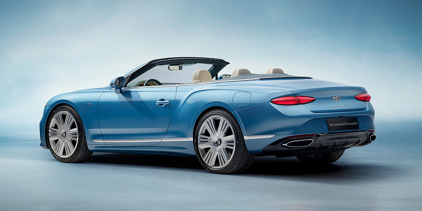 Bach Premium Cars GmbH | Bentley Mannheim New Bentley Continental GTC Azure convertible rear view in Light Windsor blue paint with 22 inch ten spoke wheels and chrome exterior details