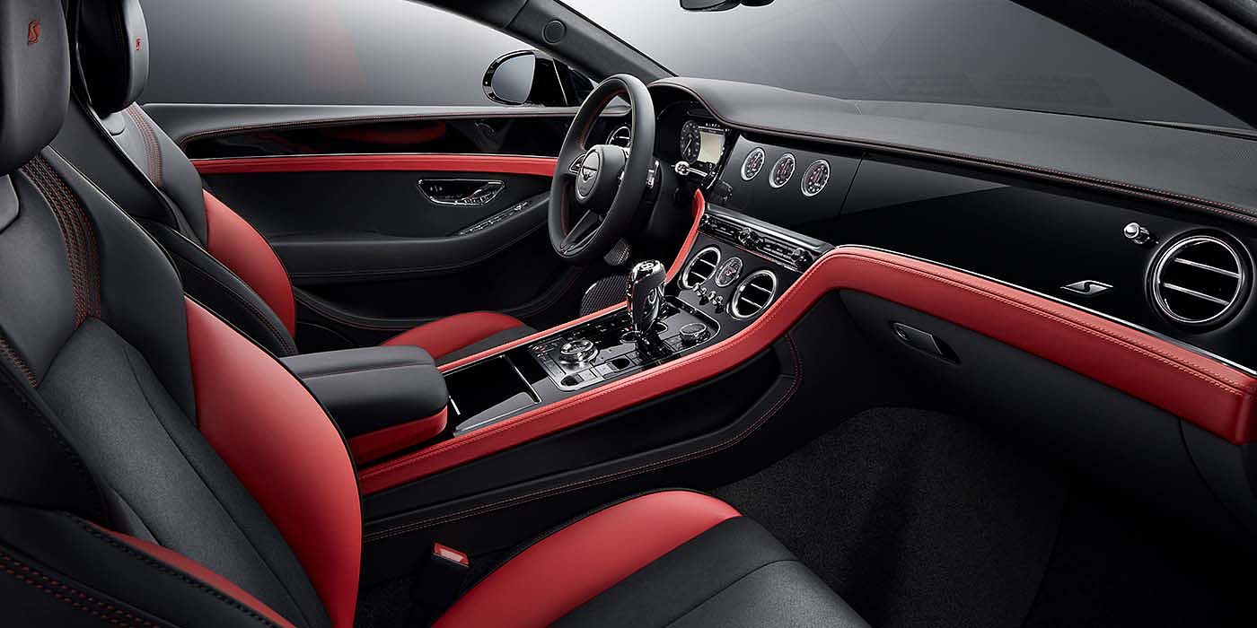 Bach Premium Cars GmbH | Bentley Mannheim Bentley Continental GT S coupe front interior in Beluga black and Hotspur red hide with high gloss Carbon Fibre veneer
