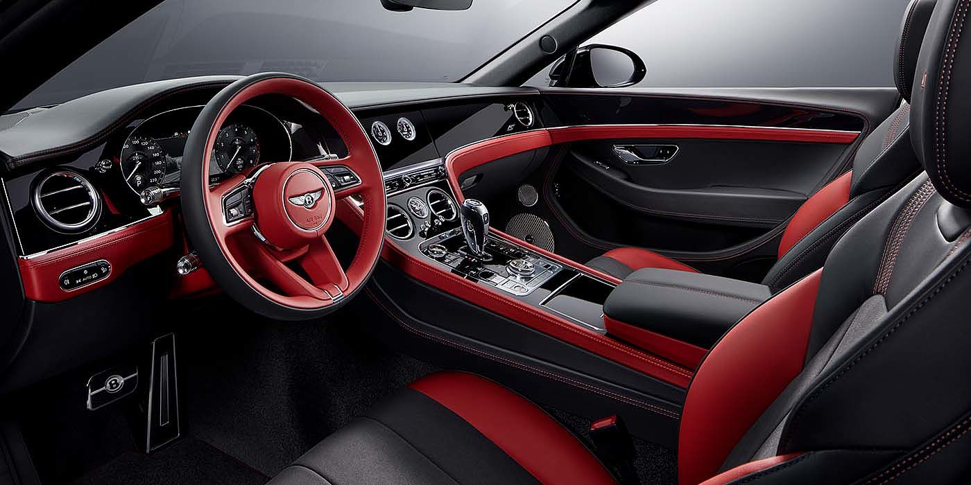 Bach Premium Cars GmbH | Bentley Mannheim Bentley Continental GTC S convertible front interior in Beluga black and Hotspur red hide with high gloss carbon fibre veneer
