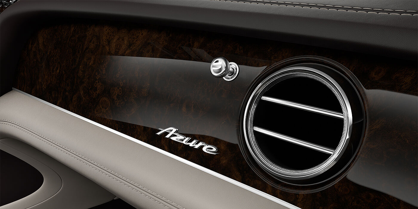 Bentley Mannheim Bentley Bentayga EWB Azure SUV veneer detail in Dark Stained Burr Walnut with Azure chrome fascia badge