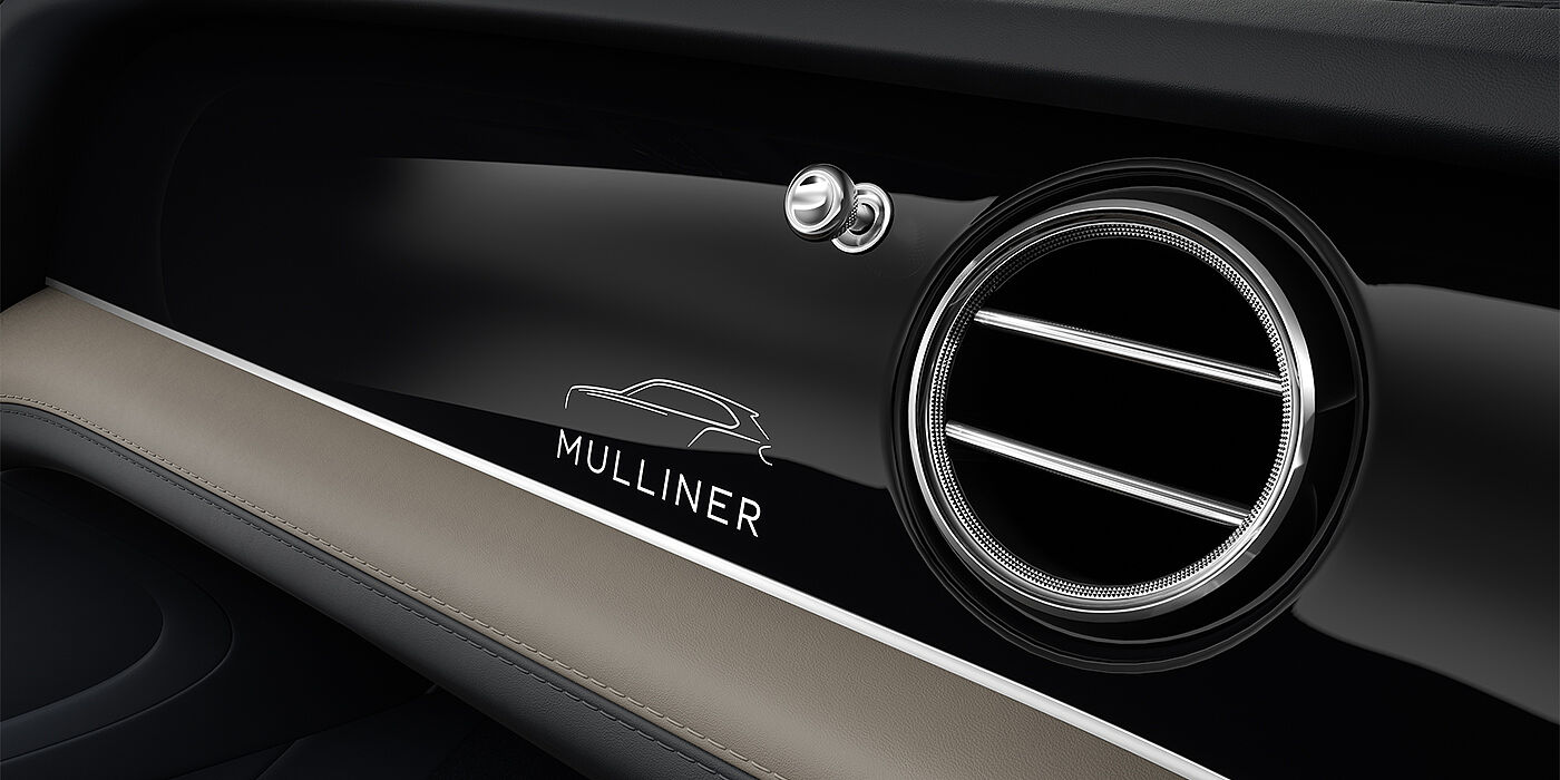 Bentley Mannheim Bentley Bentayga EWB Mulliner SUV veneer detail in Grand Black with Mulliner fascia badge