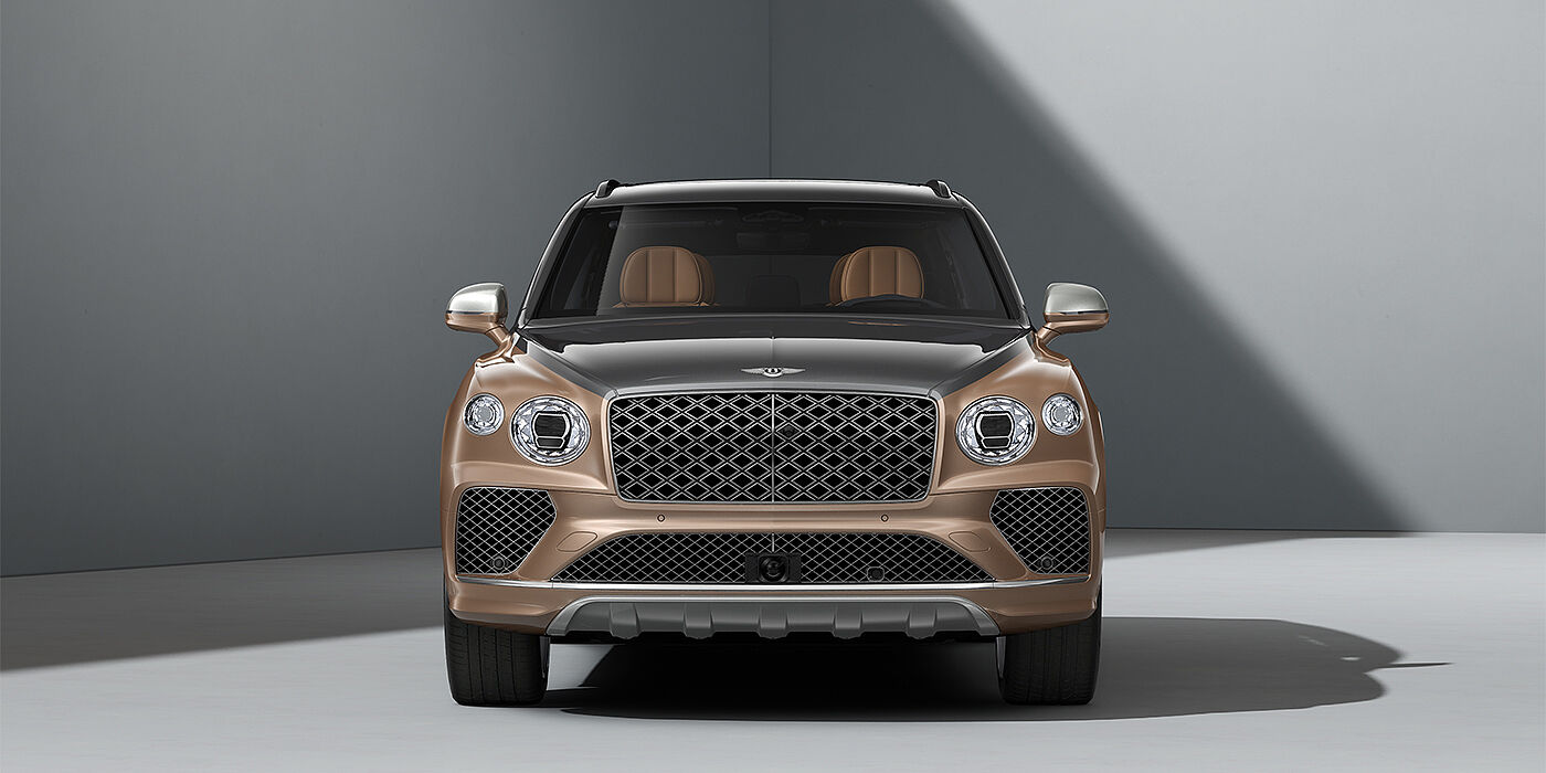 Bentley Mannheim Bentley Bentayga EWB Mulliner SUV in Magnetic and Rose Gold paint and 22" Mulliner wheels full front