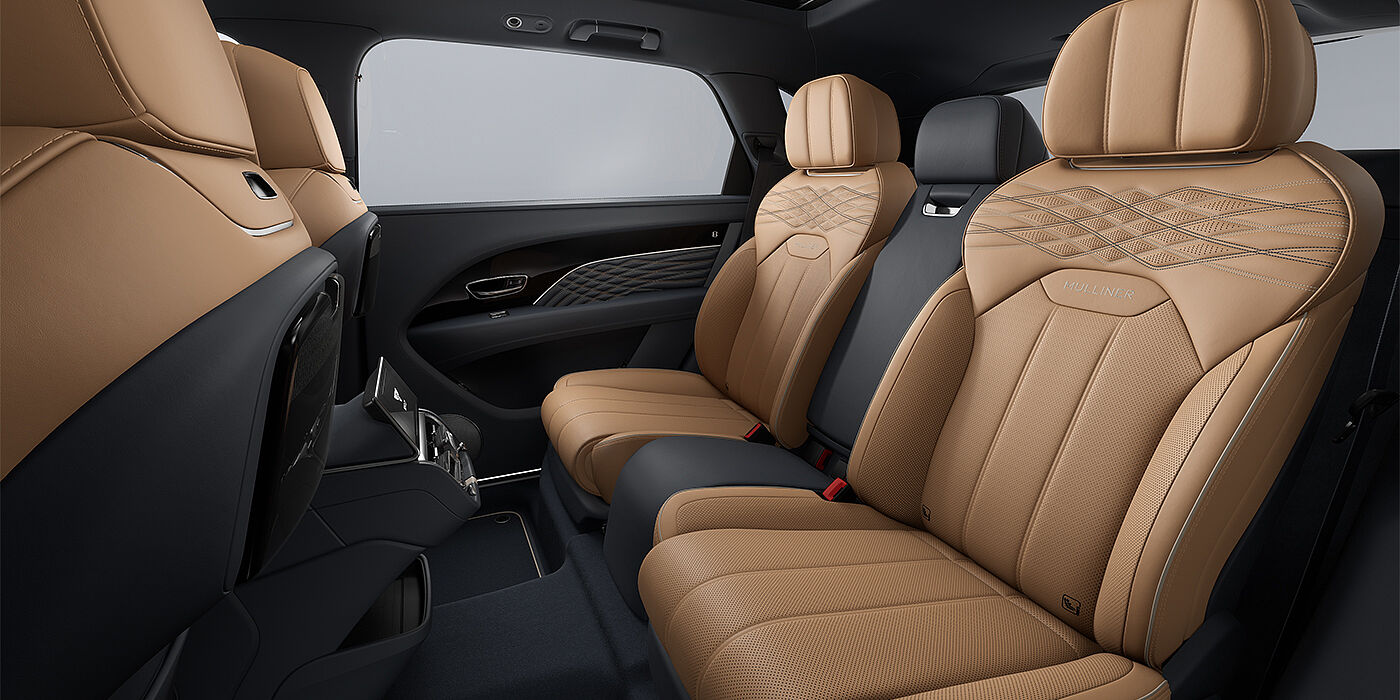 Bentley Mannheim Bentley Bentayga EWB Mulliner SUV rear interior in Camel and Brunel hides with Mulliner contrast stitching