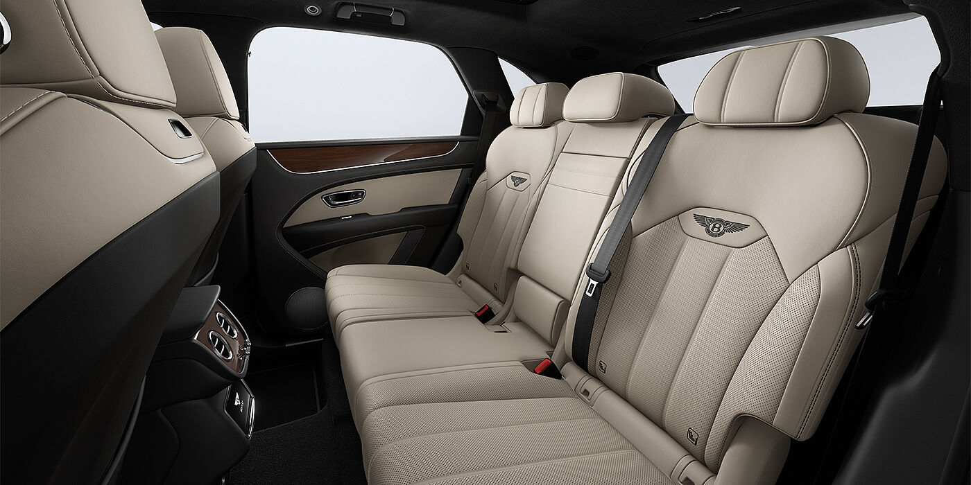 Bentley Mannheim Bentley Bentayga SUV rear interior in Portland and Beluga black hides