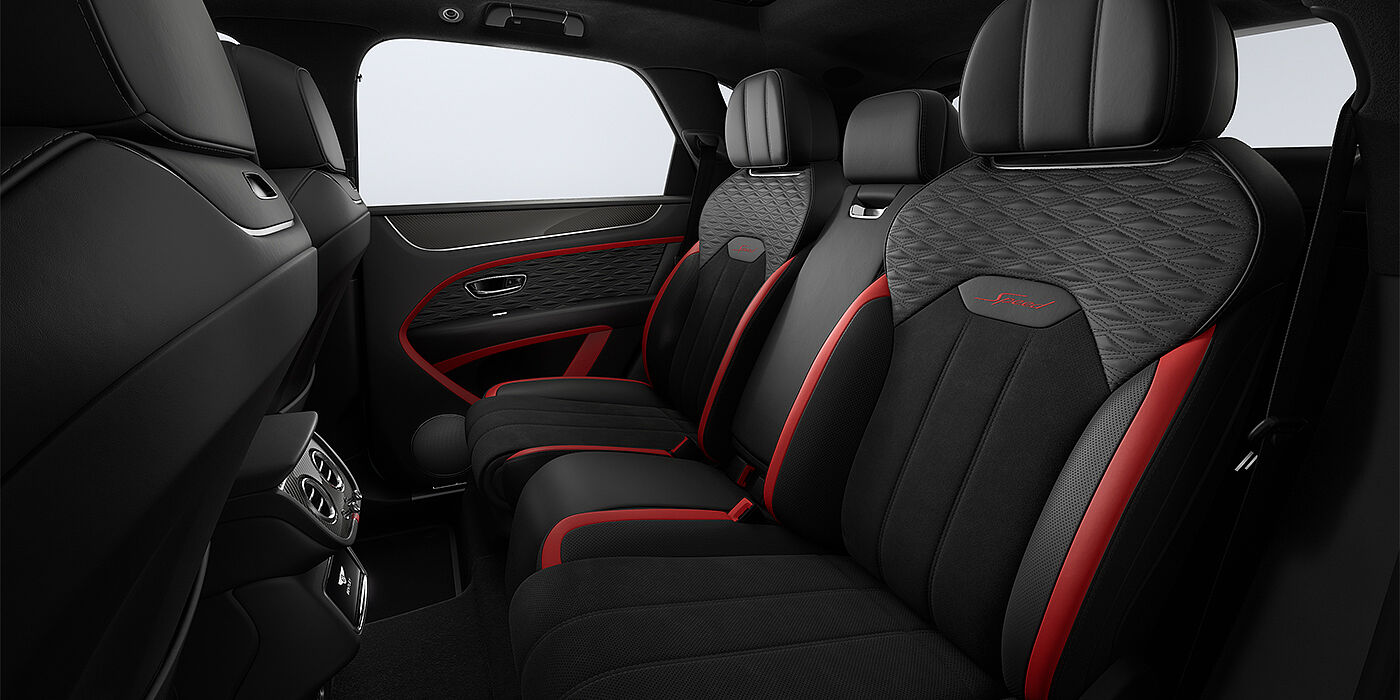 Bentley Mannheim Bentley Bentayga Speed SUV rear interior in Pillar Box Red and Beluga black hides and Speed seat stitching