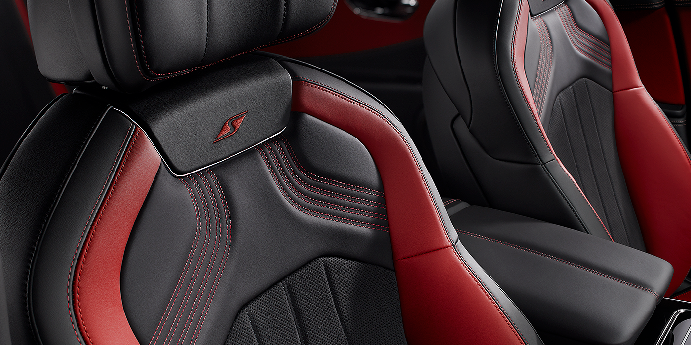 Bach Premium Cars GmbH | Bentley Mannheim Bentley Flying Spur S seat in Beluga black and \hotspur red hide with S emblem stitching