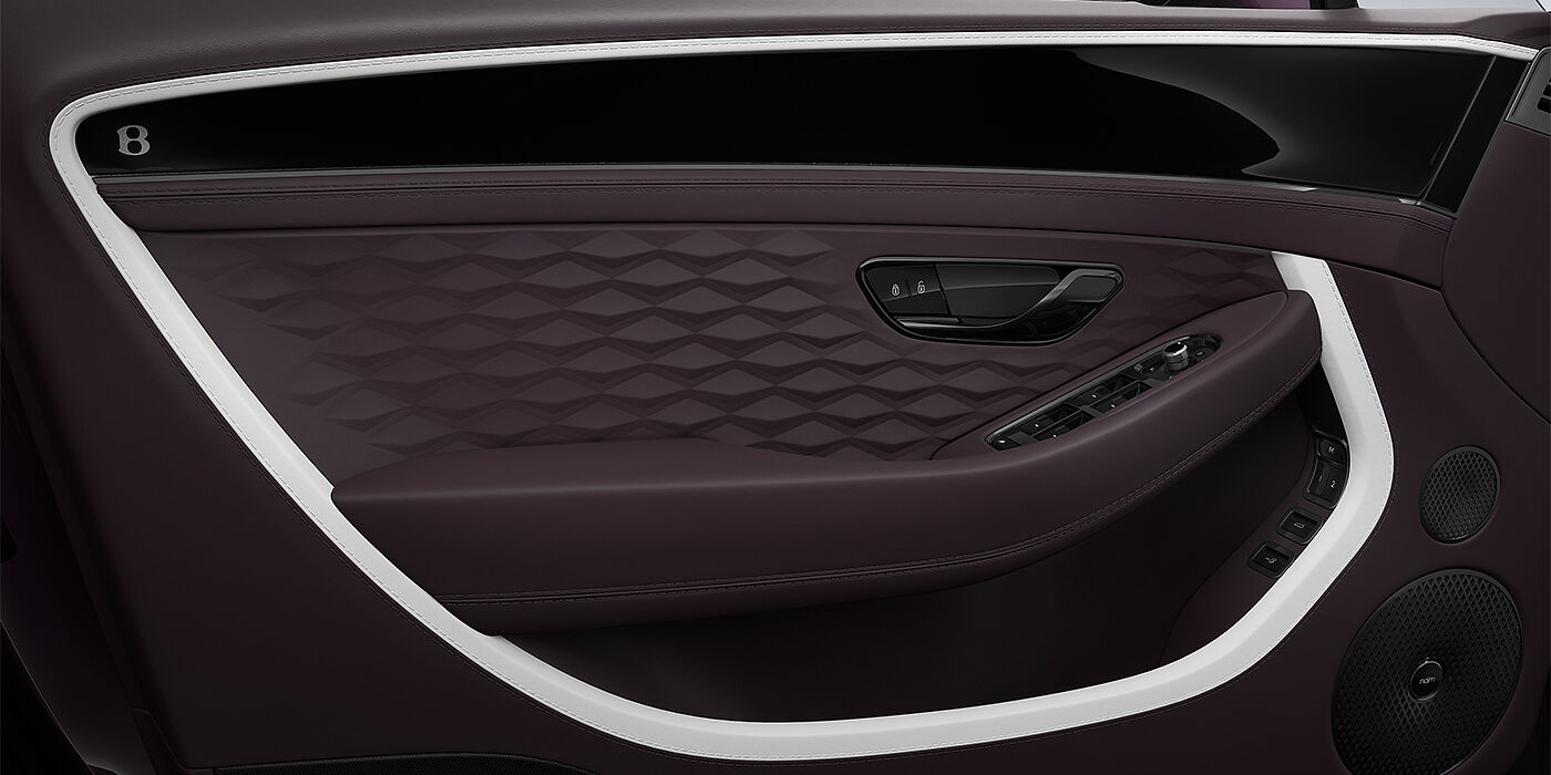 Bentley Mannheim Bentley Continental GT Mulliner coupe door detail in Beluga black and Damson hides with white accent hide