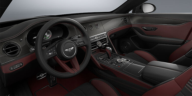 Bentley Mannheim New Bentley Flying Spur S sedan front interior in Cricket Ball red and Beluga Black hides with Diamond Brushed Dark Tint Aluminium veneer