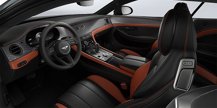 Bentley Mannheim Bentley Continental GT Coupé vorne Innenraum in Newmarket Tan und Beluga Black Leder mit Diamond Brushed Dark Tint Aluminium Furnier