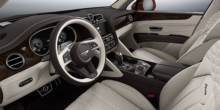 Bentley Mannheim Bentley Bentayga EWB Azure SUV front interior in Linen and Burnt Oak hides with Dark Stained Burr Walnut veneer
