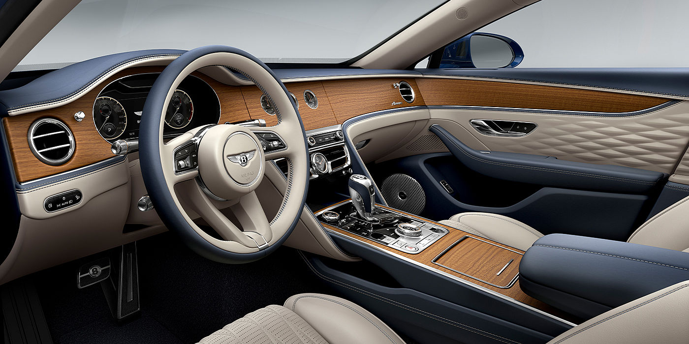 Bach Premium Cars GmbH | Bentley Mannheim Bentley Flying Spur Azure sedan front interior in Imperial Blue and Linen hide