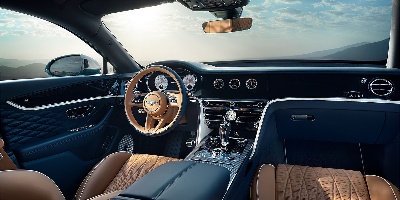Bach Premium Cars GmbH | Bentley Mannheim Bentley Flying Spur Mulliner sedan front interior in Camel and Imperial Blue hide