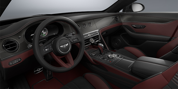 Bentley Mannheim New Bentley Flying Spur S sedan front interior in Cricket Ball red  and Beluga Black hides with Diamond Brushed Dark Tint Aluminium veneer