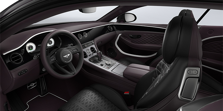 Bentley Mannheim Bentley Continental GT Mulliner coupe front interior in Beluga black and Damson hides with white accent hide