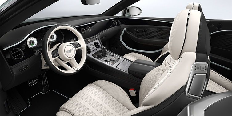 Bentley Mannheim Bentley Continental GTC Mulliner convertible front interior in Linen and Beluga black hides with Breeze accent hide