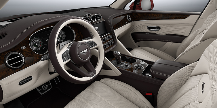 Bentley Mannheim Bentley Bentayga EWB Azure SUV front interior in Linen and Burnt Oak hides with Dark Stained Burr Walnut veneer