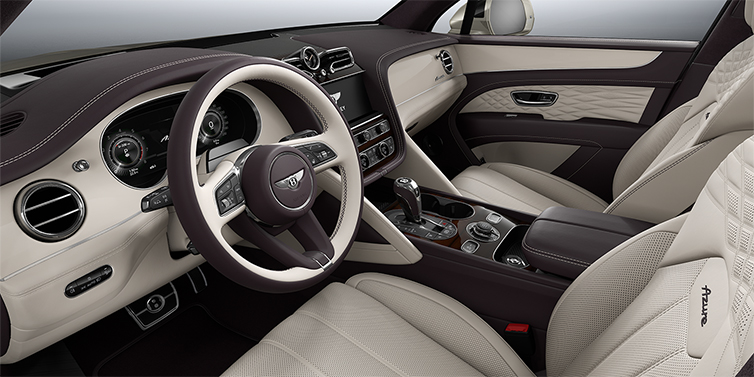 Bentley Mannheim Bentley Bentayga Azure SUV front interior in Linen and Damson hides with Piano Linen veneer