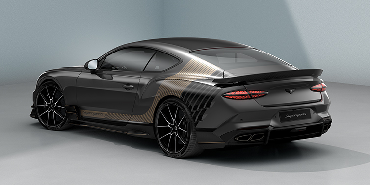 Bach Premium Cars GmbH | Bentley Mannheim Bentley Supersports rear three quarter in "Nightfall Design theme with Anthracite paint and Beluga black and Camel brown paint stripes across the rear haunch.