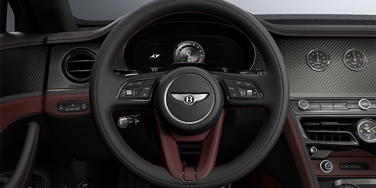 Bentley Mannheim New Bentley Flying Spur S sedan steering wheel and dash in Cricket Ball red and Beluga black hides and High Gloss Carbon Fibre veneer